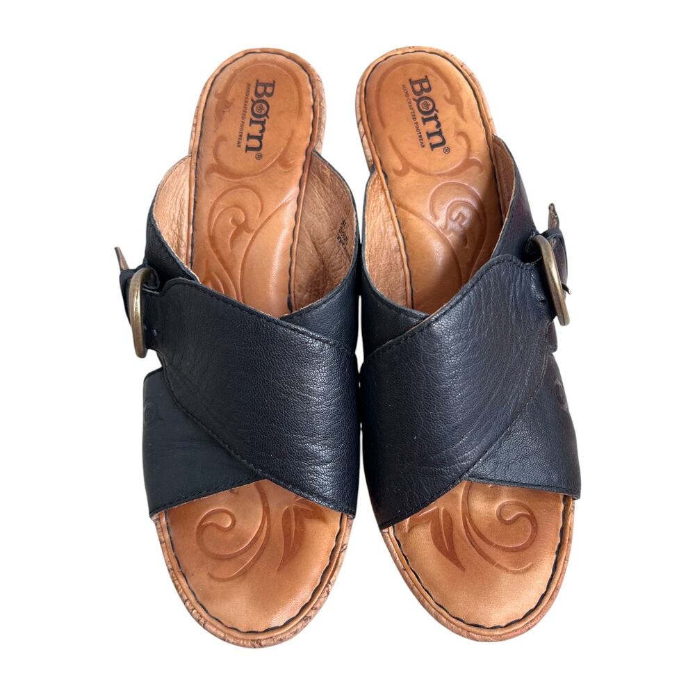 Born Leather Wedge Sandal Cork Platform Cross Strap & Buckle in Black Womens 9M - Picture 8 of 13